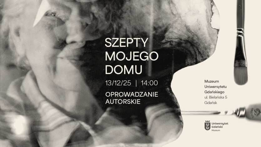 Plakat promujący oprowadzanie po wystawie - czarno-białe zdjęcie