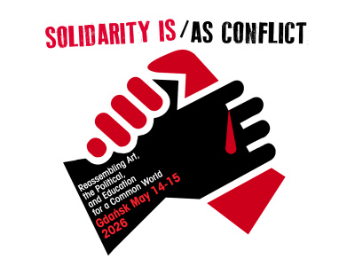 Motyw graficzny konferencji SOLIDARITY IS/AS CONFLICT z symbolicznym motywem dłoni - czarnej i czerwonej - złączonych w geście przymierza