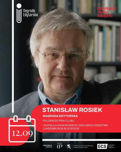 Grafika Gdańskich Targów Książki ze zdjęciem prof. Stanisława Rośka oraz informacja o gali wręczenia Nagrody Edytorskiej
