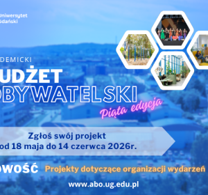 Napis Akademicki Budżet Obywatelski zgłoś swój projekt od 18 maja do 14 czerwca, w tle budynki kampusu z niebieskim filtrem