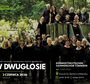 Grafika z informacją o występie Chóru Kameralnego Südwestdeutscher Kammerchor Tübingen 3 czerwca 2026 w Gdańsku, w tle zdjęcie chóru na tle zieleni