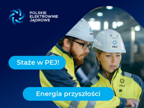 Grafika Staże w PEJ! Energia przyszłości z logo Polskich Elektrowni Jądrowych