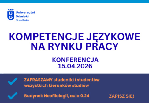 Grafika - granatowy napis Kompetencje językowe na rynku pracy, data i logo UG