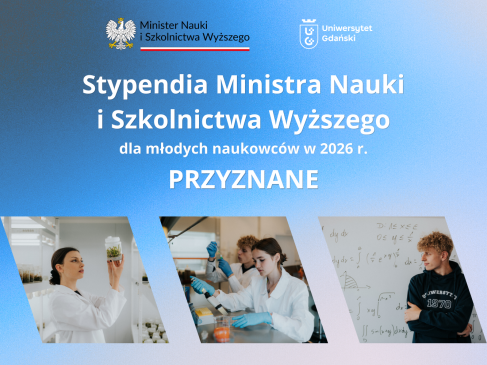 Tekst: Stypendia Ministra Nauki i Szkolnictwa Wyższego dla młodych naukowców przyznane, na dole trzy zdjęcia w układzie panelowym, niebieskie tło