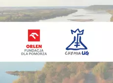 Zdjęcie Wisły, na pierwszym planie loga Fundacji ORLEN dla Pomorza oraz Wydziału Chemii UG