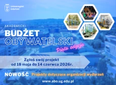 Napis Akademicki Budżet Obywatelski zgłoś swój projekt od 18 maja do 14 czerwca, w tle budynki kampusu z niebieskim filtrem