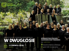Grafika z informacją o występie Chóru Kameralnego Südwestdeutscher Kammerchor Tübingen 3 czerwca 2026 w Gdańsku, w tle zdjęcie chóru na tle zieleni