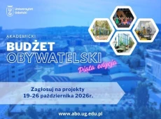 Napis Akademicki Budżet Obywatelski Piąta edycja Zagłosuje na projekty 19-26 października, w tle kampus Oliwa z niebieskim filtrem