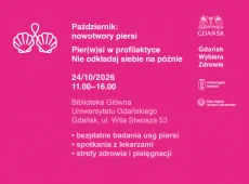 Kafel z różowym tłem z informacja o wydarzeniu PIER(W)SI W PROFILAKTYCE. Nie okładaj siebie na później 24.10.2026