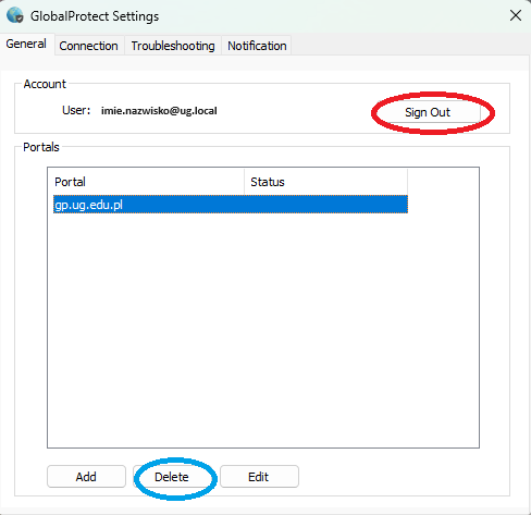 Okno z ustawieniami VPN, na dole podświetlony przycisk "Delete" oraz w prawym górnym rogu "Sign out"
