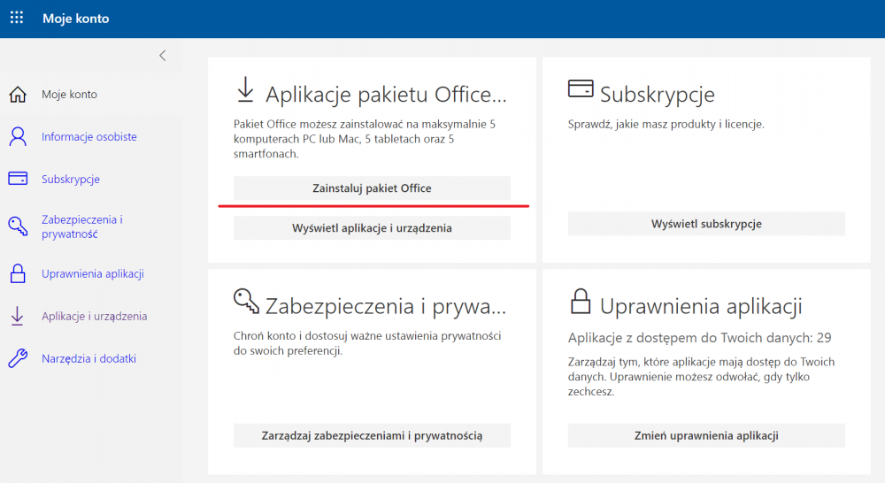 W sekcji „Aplikacje pakietu Office” wybierz opcję „Zainstaluj pakiet Office”