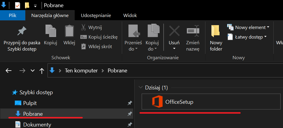 Plik „OfficeSetup” widoczny w katalogu „Pobrane”