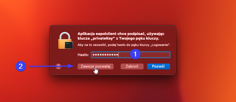 zezwalaj na podpisywanie eapolclient kluczem prywatnym