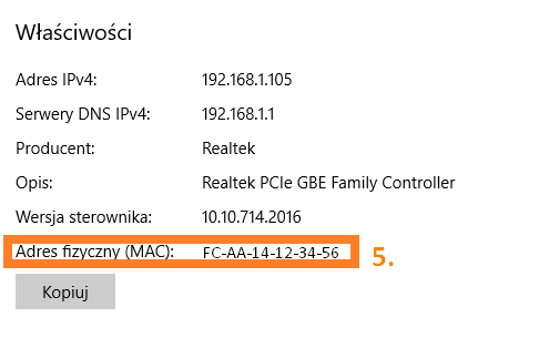 Win10 Adres fizyczny (MAC)