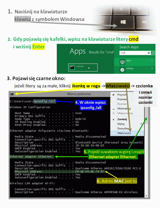 sprawdzanei MAC w windows 8, 8.1 i 10