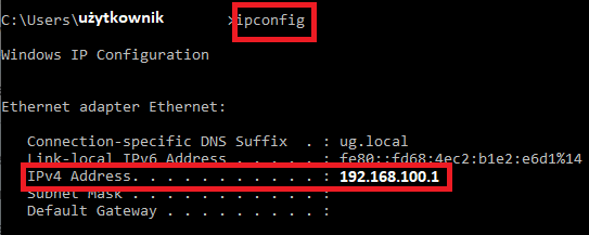 Zrzut ekranu. Wpisujemy "ipconfig" i znajdujemy "IPv4 Address"