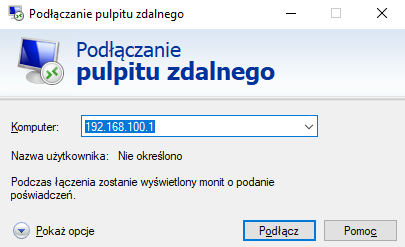 Zrzut ekranu. Podłączanie pulpitu zdalnego. W pole "Komputer" wpisujemy IP komputera w miejscu pracy