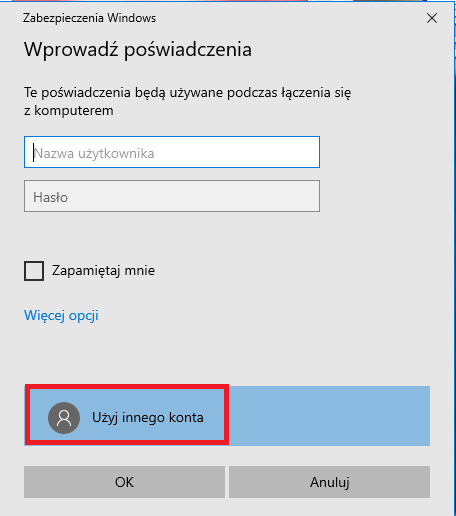 Zrzut ekranu. Logowanie. Klikamy "Użyj innego konta".