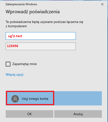 Zrzut ekranu. Wpisujemy: login: ug, backslash, pierwsza litera imienia, kropka, nazwisko; hasło w następnym polu